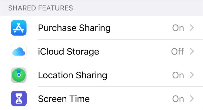 Family Sharing Shared Features settings on iPhone