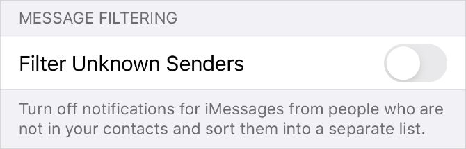 Filter Unknown Senders option in iPhone Messages settings
