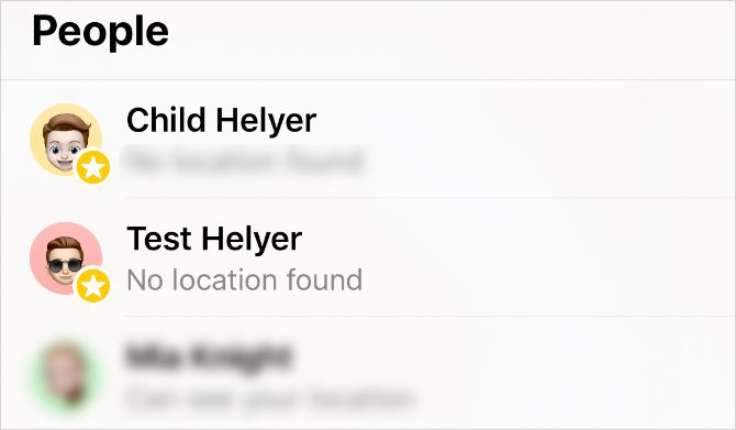 Find My app showing family member locations with stars next to them