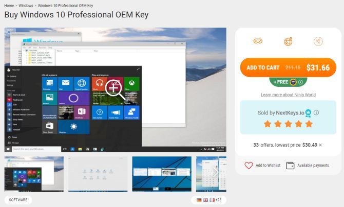 Great deal on Windows 10 Professional OEM Key at Kinguin