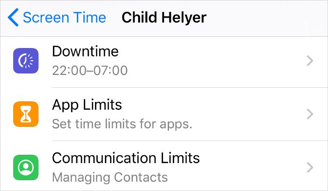 Screen Time setting options for child's Family Sharing account