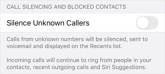 Silence Unknown Callers option in iPhone Phone settings