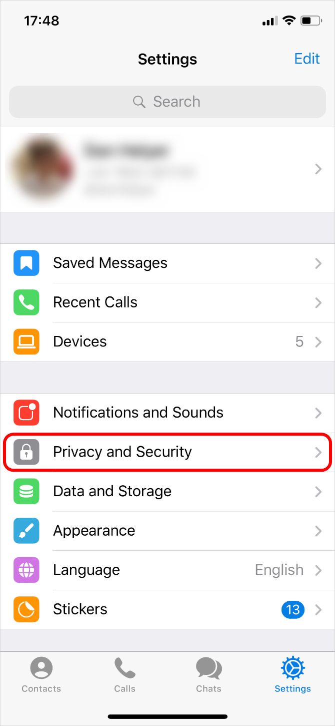 Telegram Settings tab showing Privacy and Security option