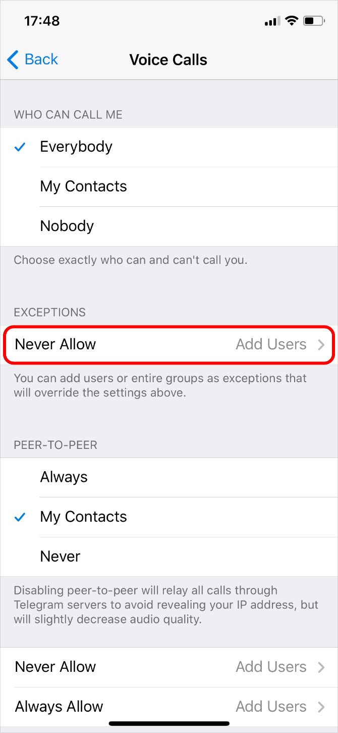 Telegram Voice Call Settings showing Never Allow option to add users