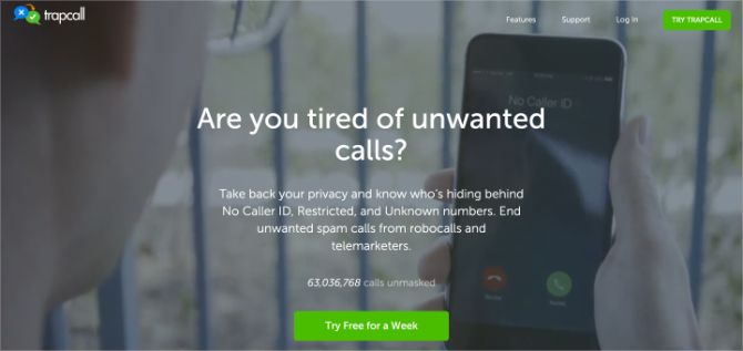 Trapcall website homepage showing how to unblock unknown numbers