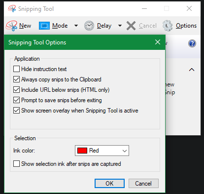 Windows Snipping Tool Options