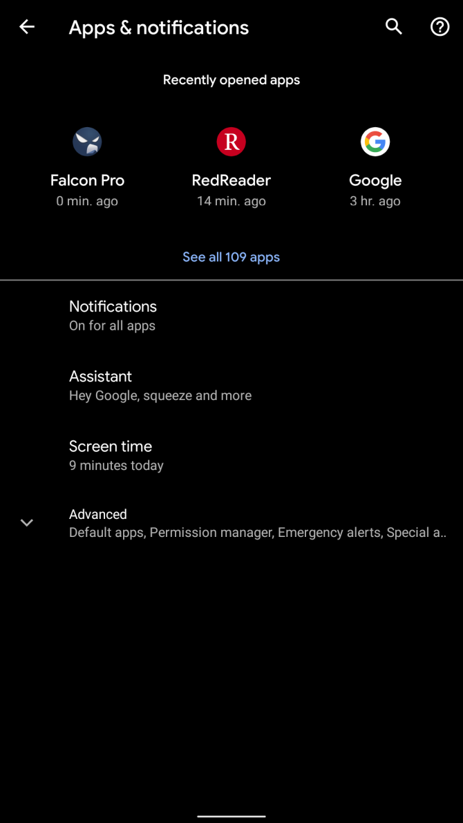 the all apps menu inside of Android 10's settings menu