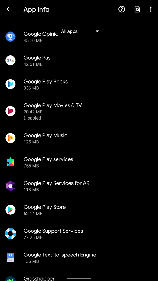 the android settings menu for wiping the play store cache