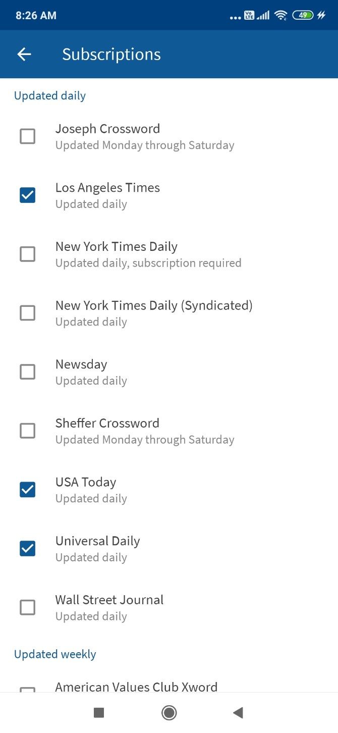 Subscribe to popular crosswords for automatic daily downloads in Alphacross for Android