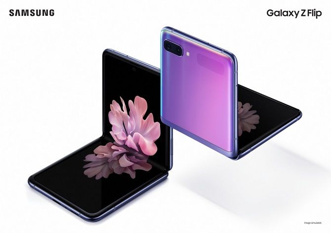 galaxy z flip foldable phone in purple