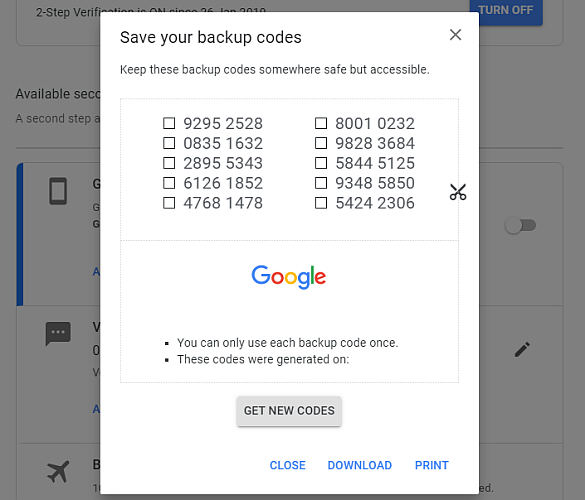 backup google authenticator codes