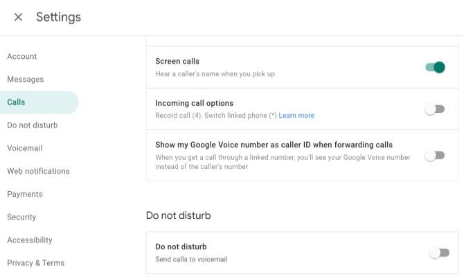 تصویر صفحه رابط کاربری Google Voice برای غربالگری تماس ها