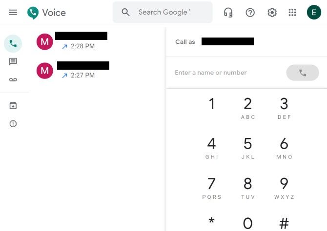 تصویر صفحه رابط کاربری Google Voice برای بازارسال تماس ها