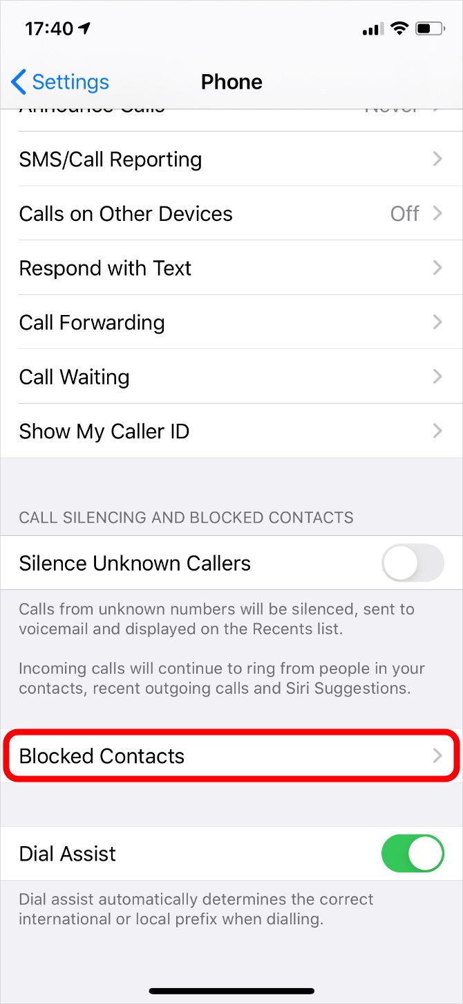 iPhone Phone settings highlighting Blocked Contacts option