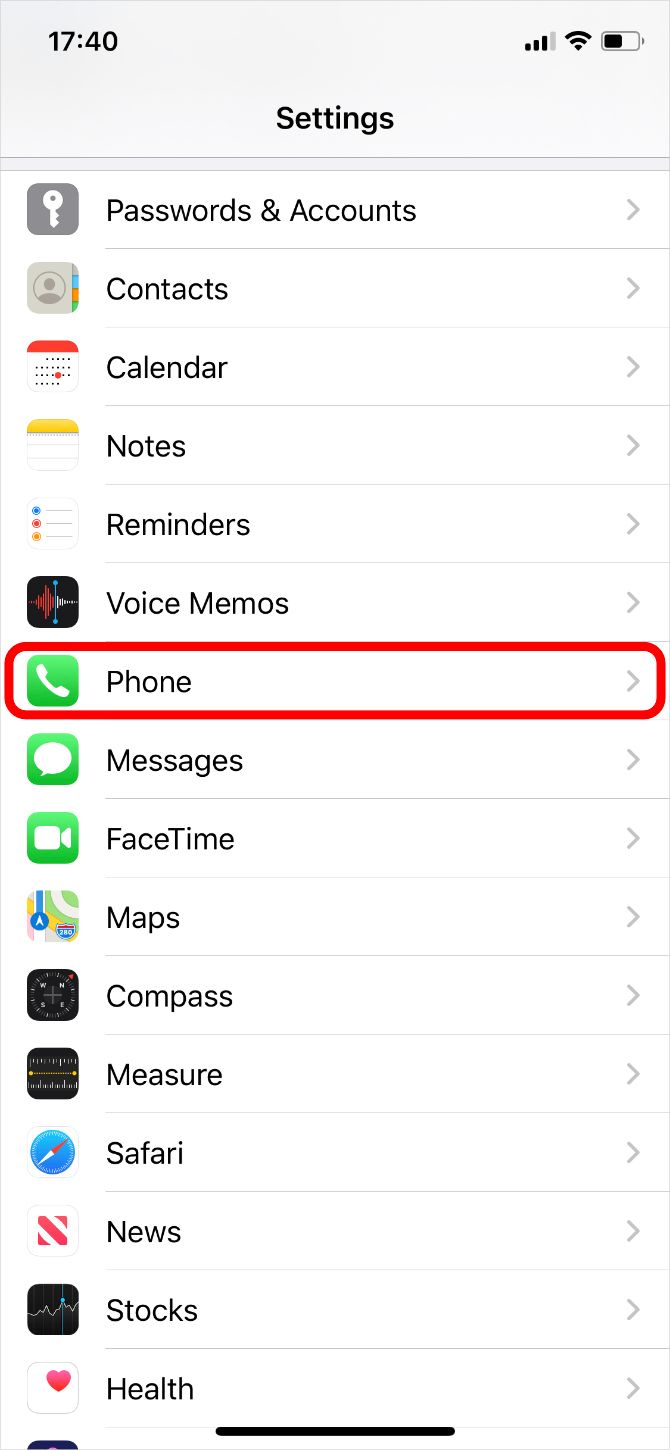iPhone Settings highlighting Phone settings option