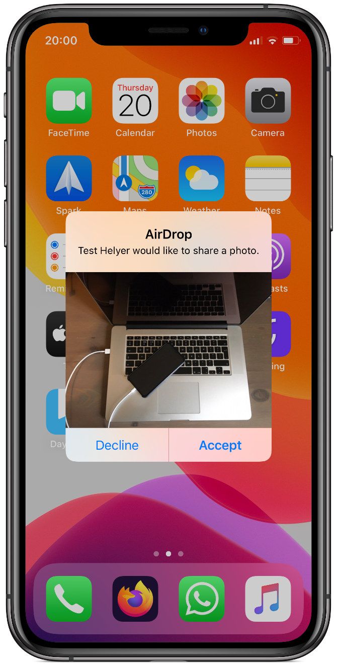 iPhone X showing AirDrop transfer request