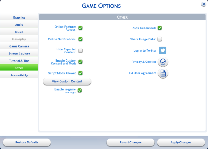 The Sims 4 game options