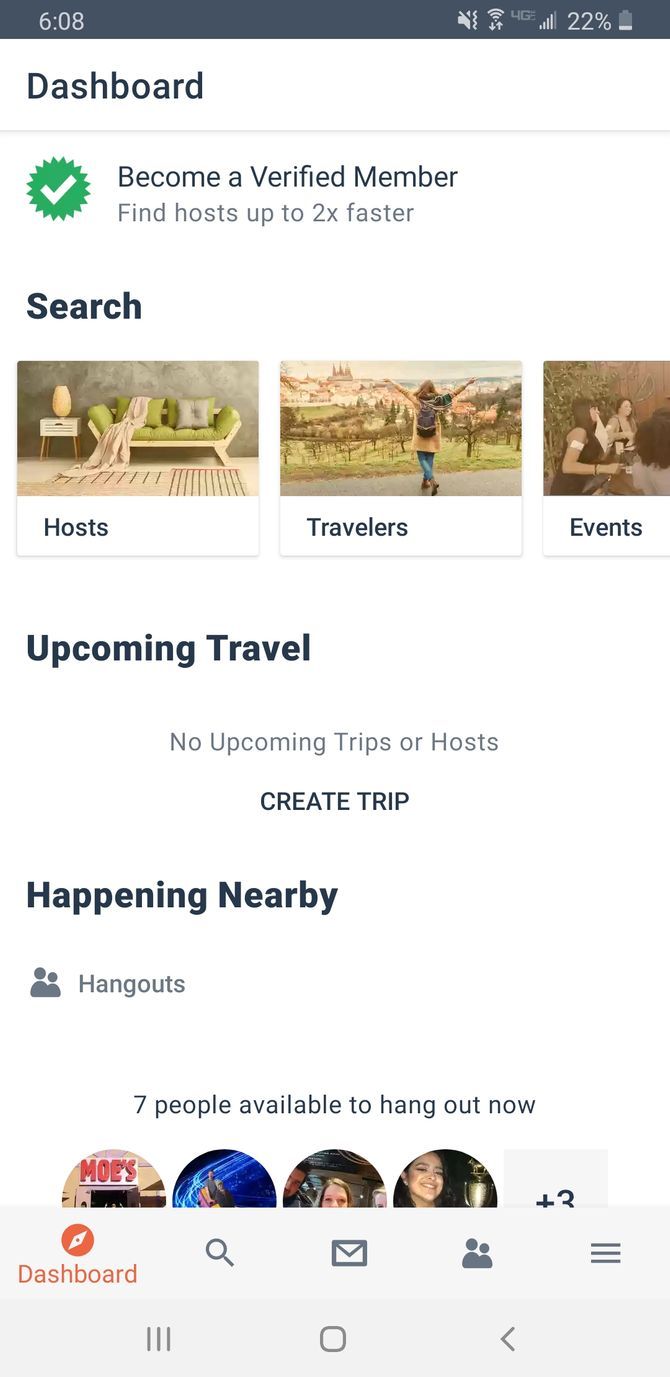 Couchsurfing Social Travel App Menu