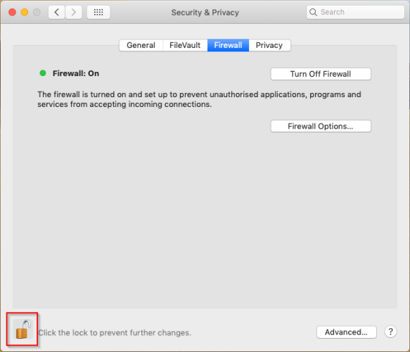 turn on the firewall in system preferences