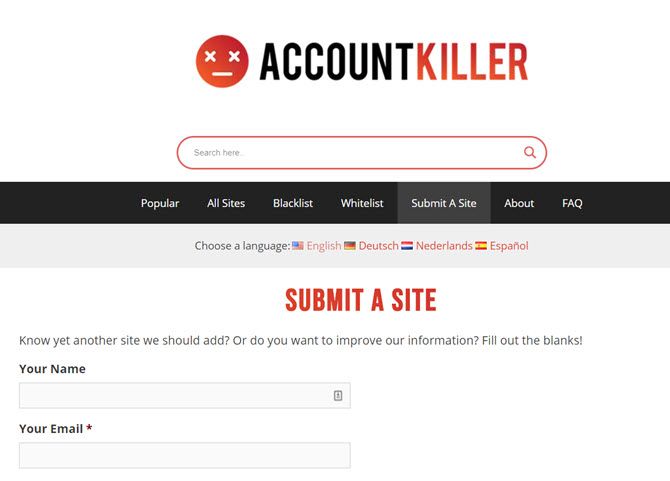 Submit a site to AccountKiller
