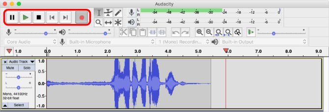 Audacity window recording audio highlighting transport controls