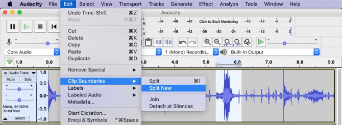 Editing music in Audacity showing Split New selection