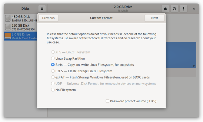 GNOME Disks displaying btrfs formatting option