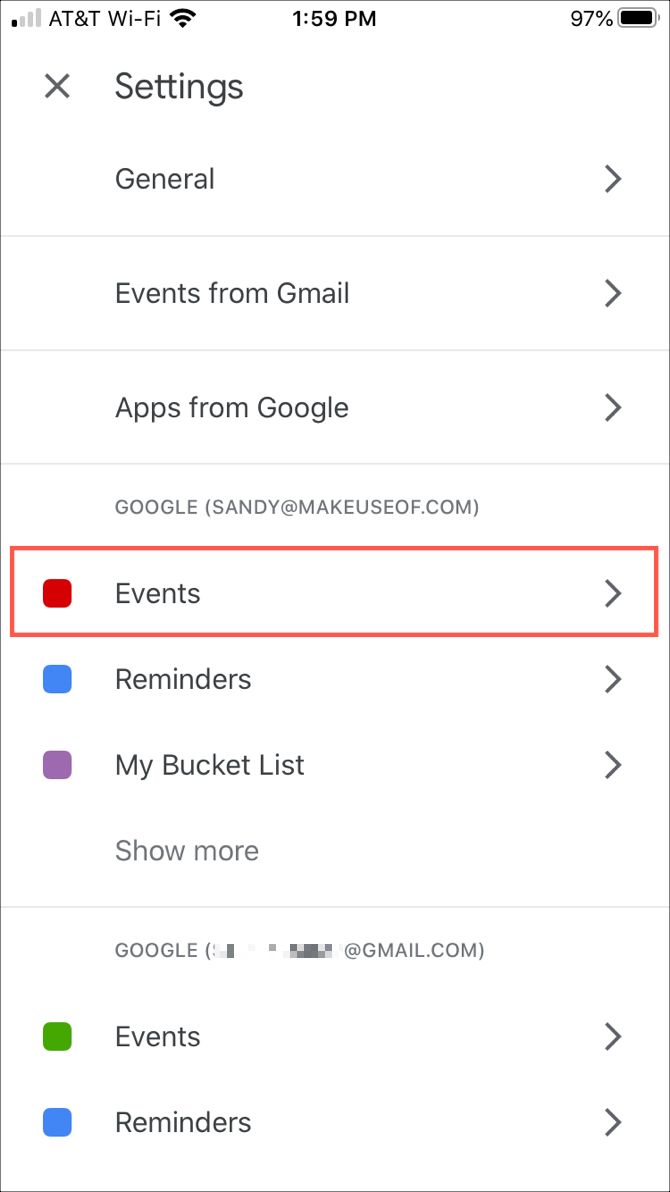Google Calendar Events Settings on iPhone