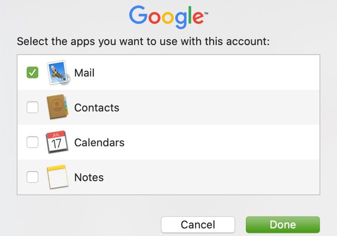 Mac Mail Select Apps for New Account