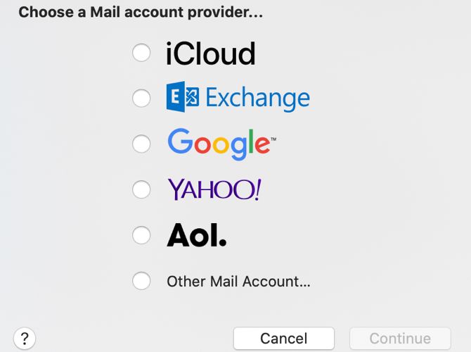Mac Mail Select Type for New Account