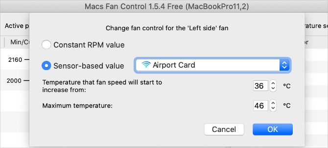 Macs Fan Control settings window with temperature range