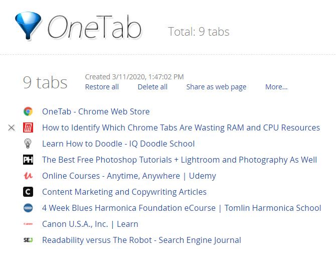 The OneTab extension