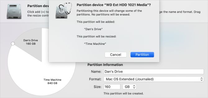 Partition confirmation popup in Disk Utility