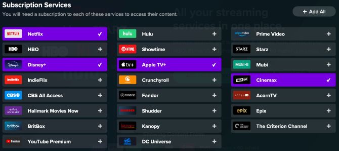 Reelgood subscription service selection screen