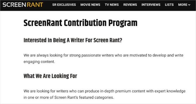 ScreenRant contributor program web page