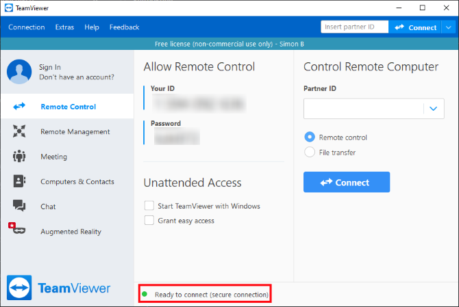 The indicator on TeamViewer showing a connection has been made