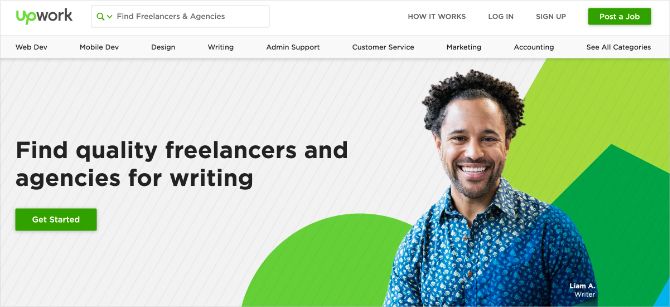 Upwork web banner showing freelance writer