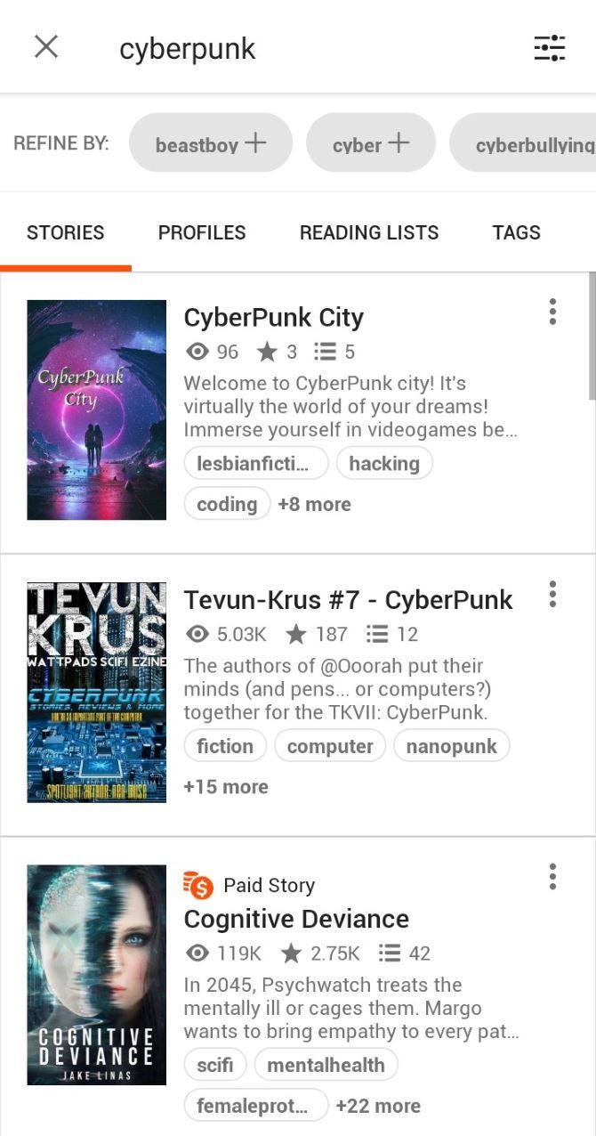 Searching for stories with "Cyberpunk" in the name or description