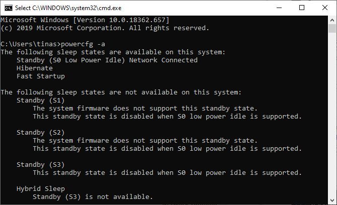 Windows 10 Command Prompt listing available Standby options