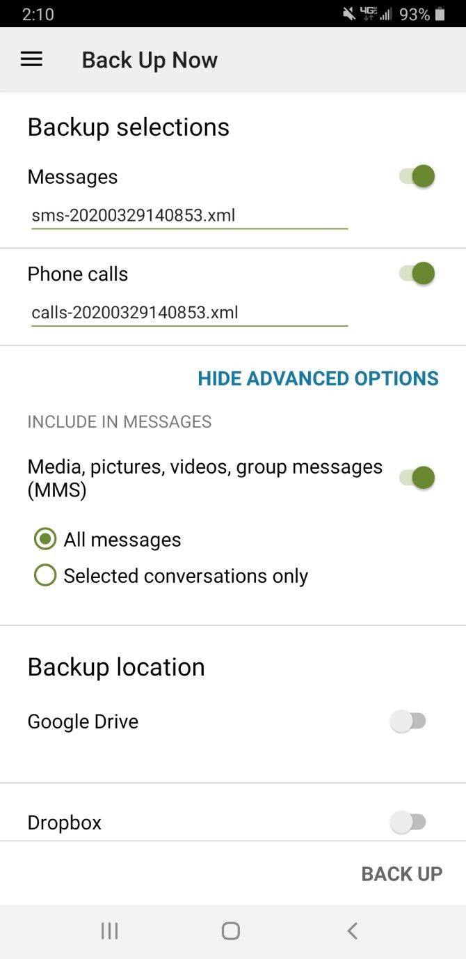 SMS Backup and Restore Enable Backups