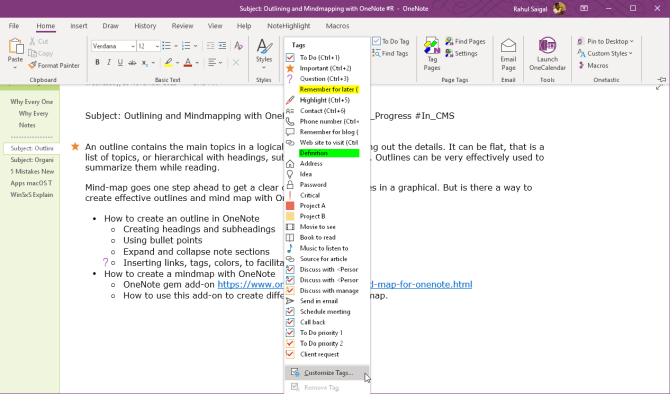click customize tags to modify a tag in OneNote 2016