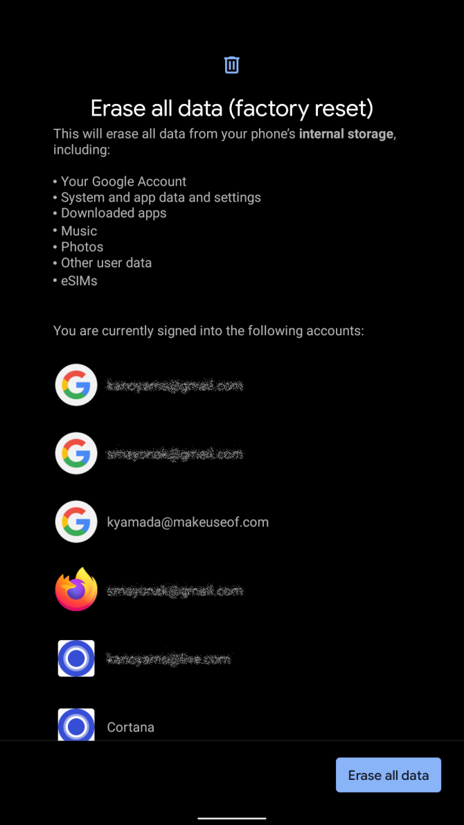 the Android 10 screen for all accounts and factory reset