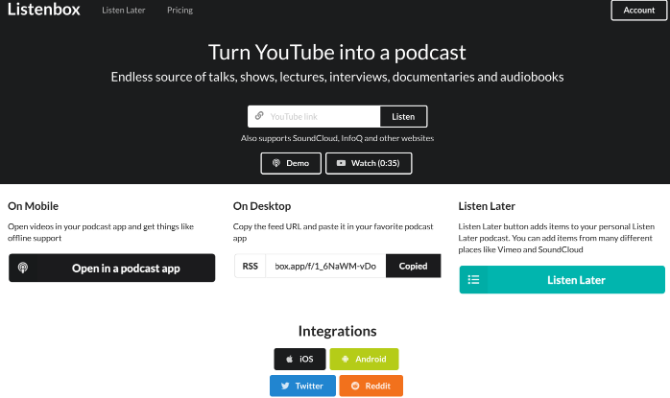 ListenBox turns YouTube videos, channels, and playlists into podcast RSS feed