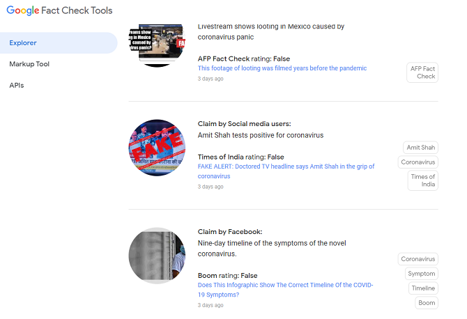 google fact check tools coronavirus