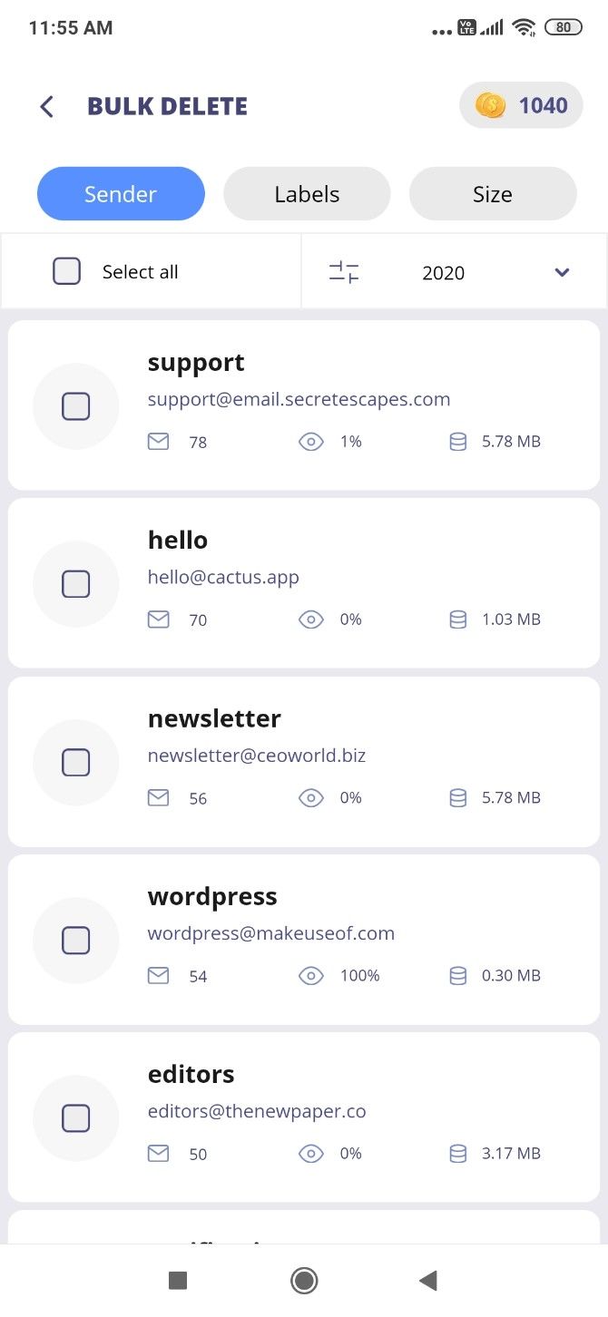 Instaclean shows which senders email you most frequently and how often you open and read the message, so you can take action on unimportant mails