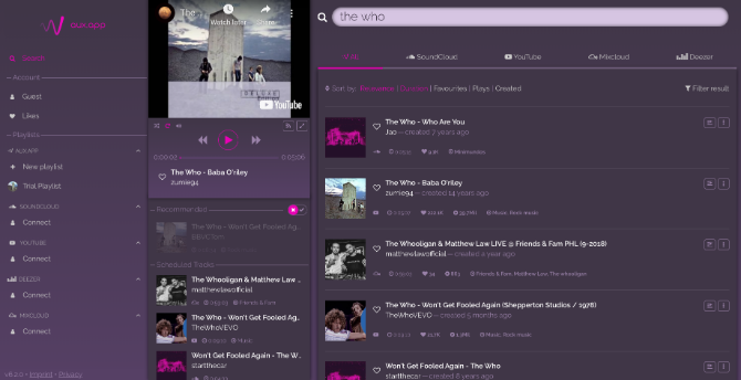 Aux lets you search and play music for free from YouTube, Soundcloud, Deezer, and MixCloud
