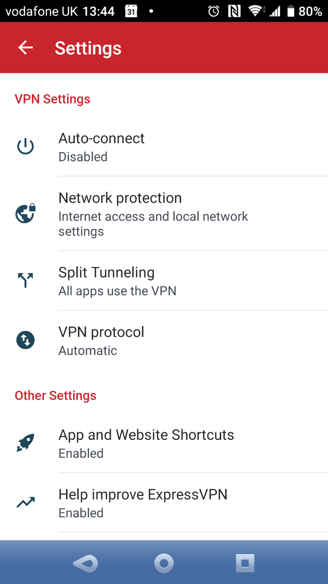 Settings options on the Android ExpressVPN app