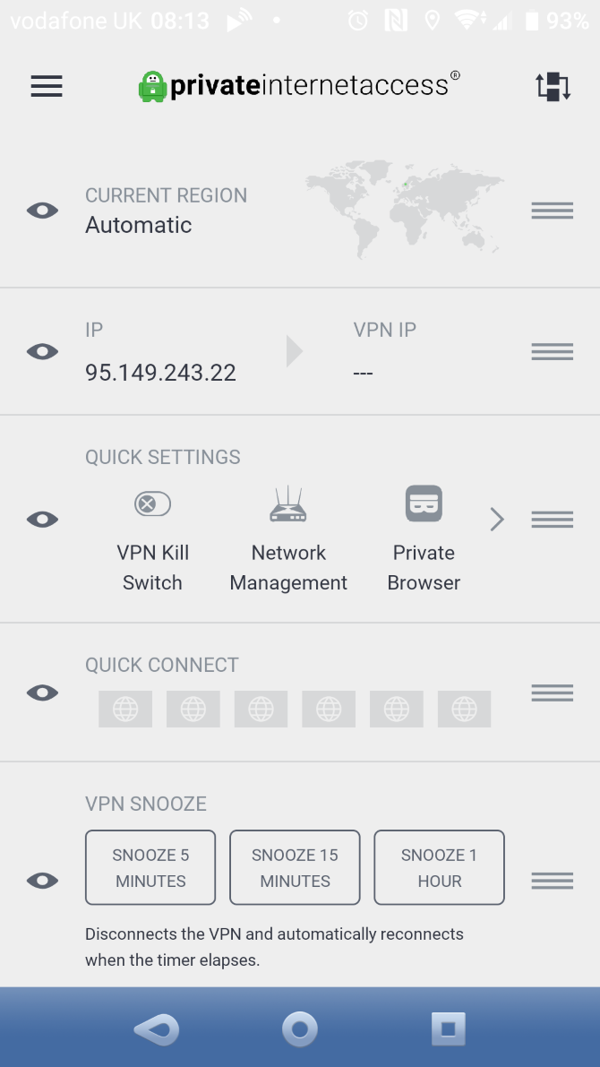 Access quick settings with the PIA VPN