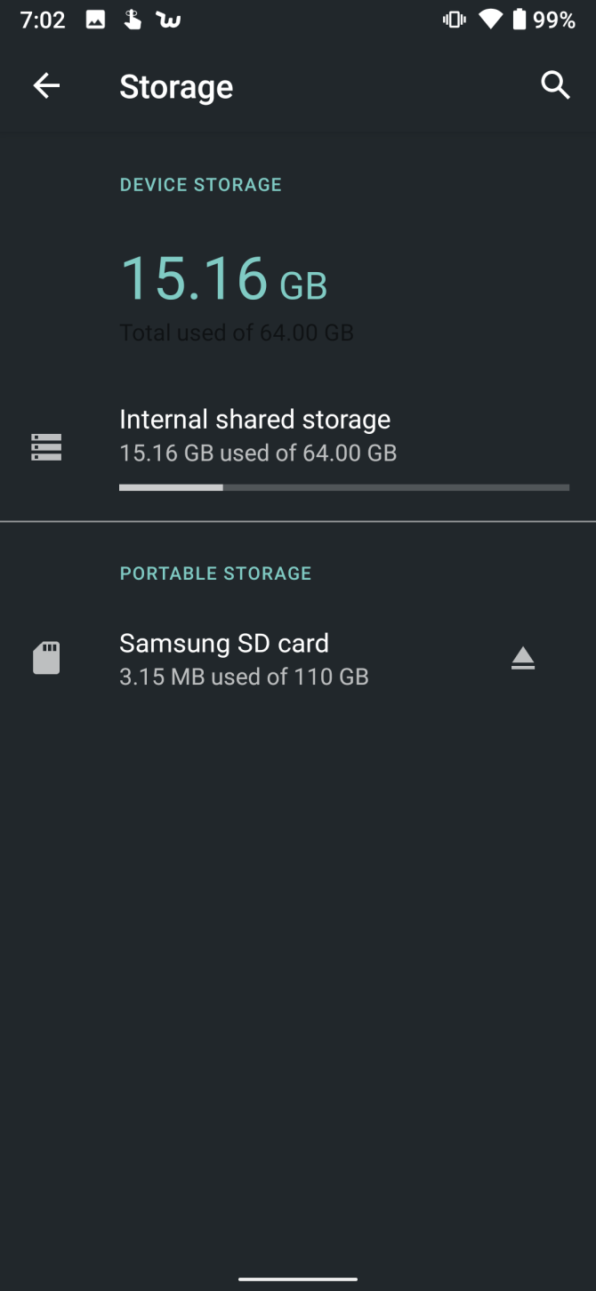 disply of internal storage and sd card in storage