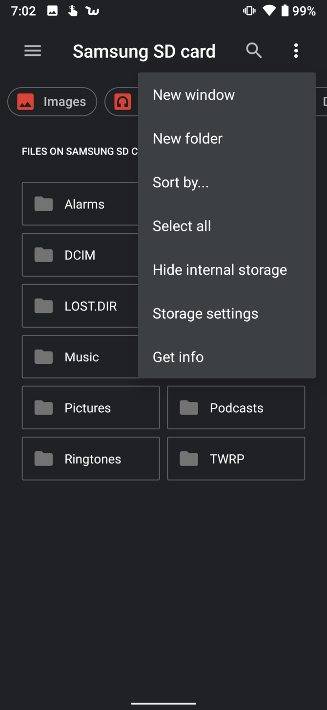 menu shows storage settings